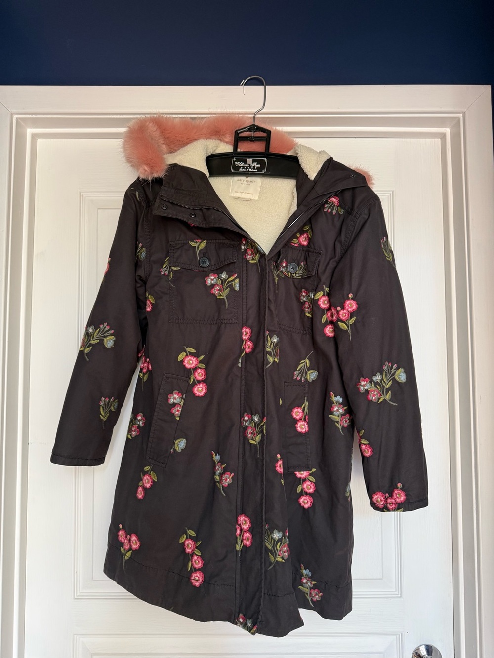 Kate Spade brown parka with Pink Faux Fur Trim and embroidered flowers